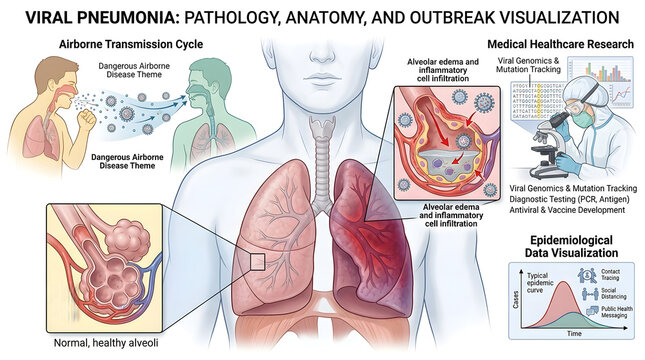 Viral Pneumonia Pathology: A detailed illustration providing a visual journey into the pathology, anatomy, and the visual outbreak of viral pneumonia.