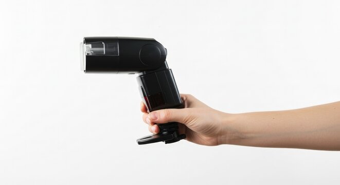 Hand holding a professional external camera flash speedlight on a white background