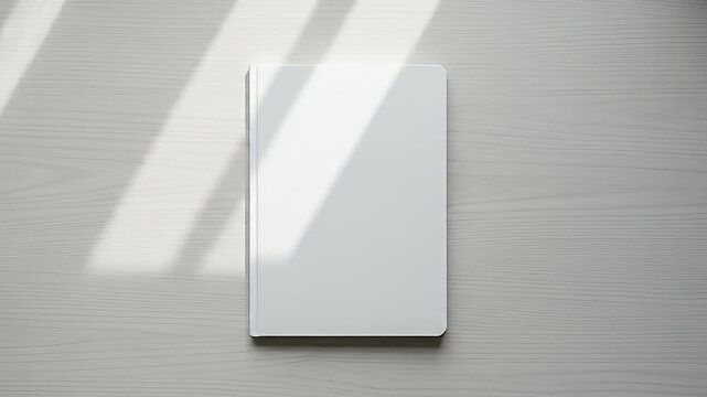 Blank white book rests on a light wood table, dappled by sunlight from window blinds