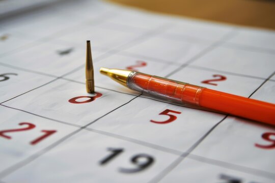 Orange pen and bullet shell casing are pointing to the eighth day of the month on a calendar page, suggesting concepts of planning, deadlines, and important dates