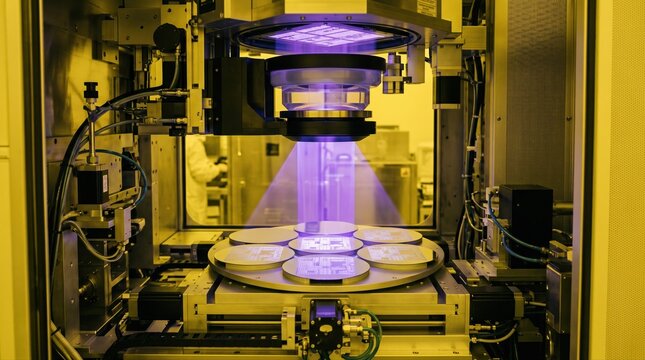 Medium shot showcasing multiple wafers simultaneously exposed in photolithography stepper demonstrating batch processing and uniform circuit pattern projection under controlled