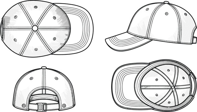 Baseball cap technical sketch set from multiple views including top side back and bottom angles vector template illustration, 18 words.