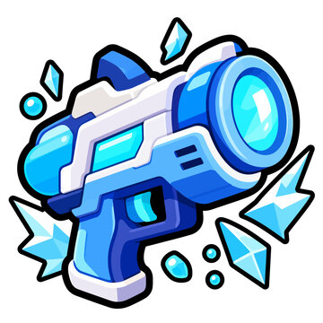 Futuristic game icon illustration of a blue sci fi blaster with oversized glowing lens, angular white panels, crystal shards, glossy highlights, and bold cartoon outline for shooter power-up asset.