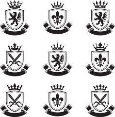 Collection of medieval shields with crowns, animals, fleur de lis, and crossed swords. © mdnazrul