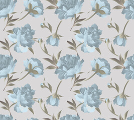 Elegant Dusty Blue Peony Seamless Pattern with Gradient Petals: Romantic Vector Floral Background for Premium Wallpaper, Wedding Textiles, and Delicate Packaging Design © Anastasija Dracova
