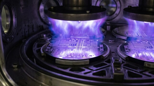 Closeup medium shot of oxide wafers inside a plasma etching chamber highlighting intricate surface patterns during active oxide removal with glowing plasma.