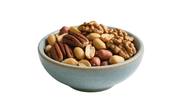Assorted mixed nuts in a light blue ceramic bowl, isolated on transparent background