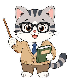 Cute cartoon cat teacher holding a book and pointer stick for education and learning themes. Fun school mascot illustration for kids, classroom, and study content.