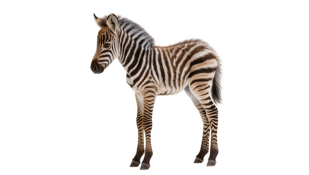 Young zebra foal with brown and black stripes, isolated on transparent background