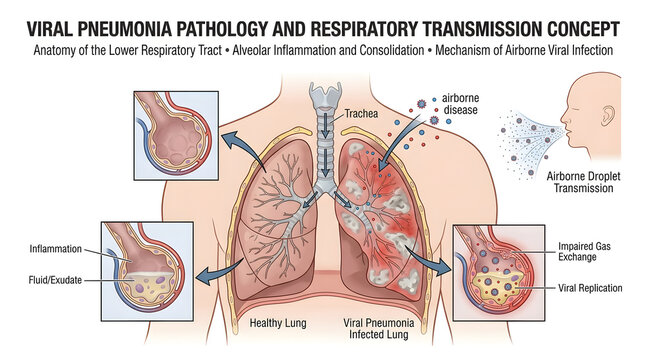Viral Pneumonia Pathology: A detailed illustration reveals the intricate mechanisms of viral pneumonia pathology and respiratory transmission.
