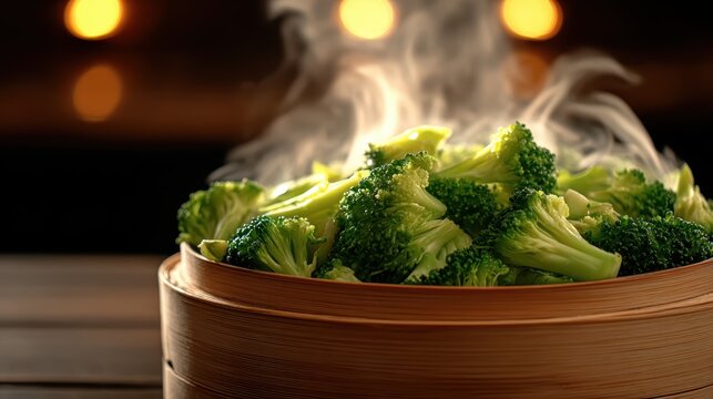 A steaming bowl of fresh broccoli highlights its vibrant green color and nutritional value, perfect for a healthy meal or side dish, appealing to health-conscious consumers.
