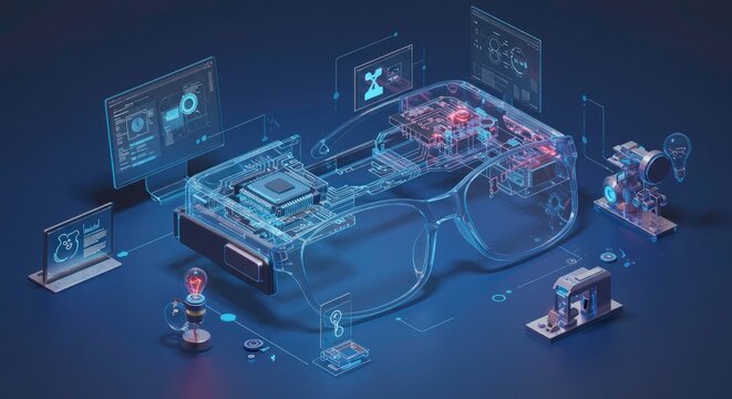 Isometric 3D illustration of high tech smart glasses showing internal circuits and holographic data displays on a blue background