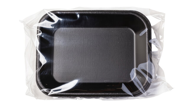 Black styrofoam food tray wrapped in clear plastic film, isolated on transparent background