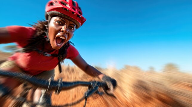 An invigorating image of a mountain biker intensely racing through rough terrain, highlighting the adrenaline and thrill of extreme sports in a natural setting.