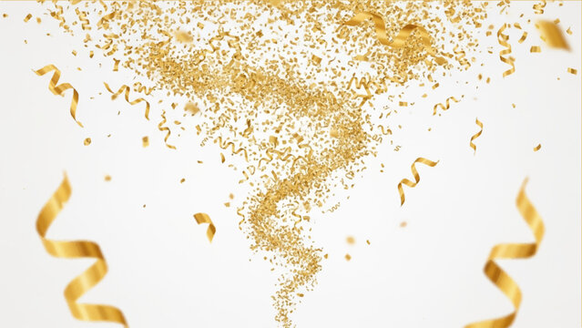 Falling gold confetti and swirling metallic ribbons isolated on a white background for celebration and party themes