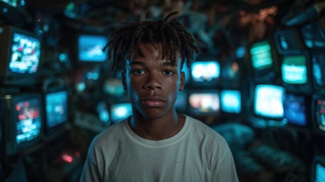 The image captures a young boy standing amidst a clutter of vintage televisions, creating a striking contrast between youth and outdated technology in a surreal atmosphere.