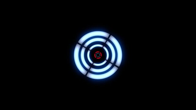 Abstract Blue Neon Target Reticle With Red Dot Center On Black Background