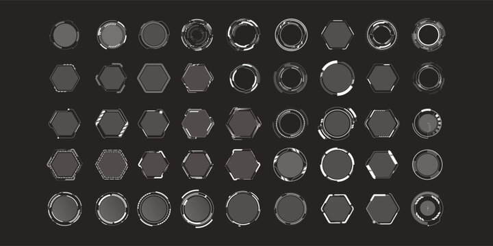 Advanced futuristic HUD elements pack featuring circular and hexagonal sci-fi interface frames, cyberpunk UI targets, digital radar rings, neon tracking modules and abstract technology overlays. High 
