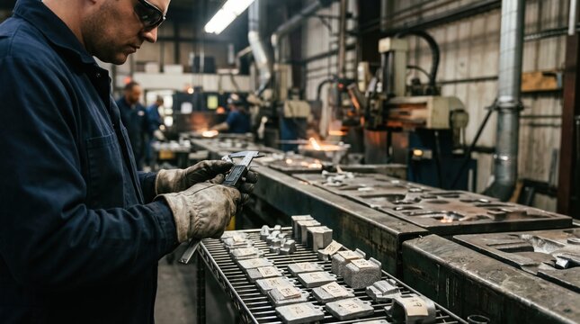 Closeup medium view of technician inspecting traceable batch samples on production line showcasing quality control in recycled metal casting processes.