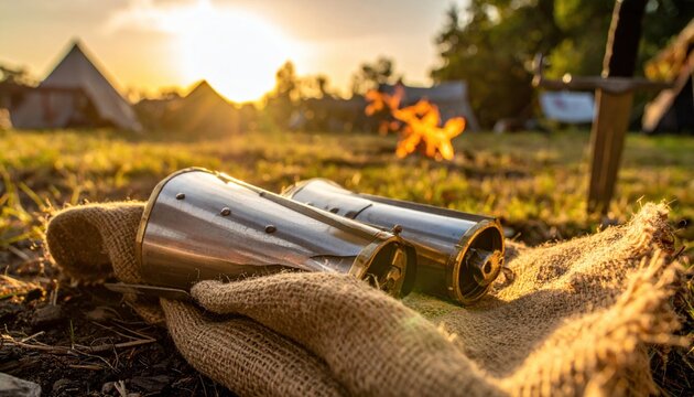 Polished steel armguards with brass trim resting on a burlap sack at a medieval campsite during sunset. Cinematic horizontal banner of knight armor at historical reenactment with tents and fire.