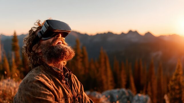 A man experiencing the beauty of nature through virtual reality, capturing the blend of technology and the breathtaking landscape around him at sunset.