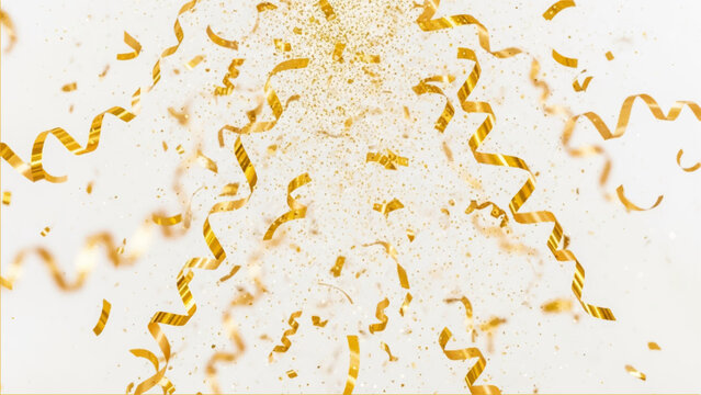 Golden streamers and metallic confetti particles floating in the air against a plain white background capturing a festive celebration atmosphere with depth of field and blurred motion