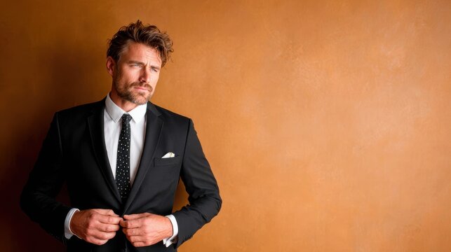 This image features a well-dressed man in a classic suit, standing confidently against a warm, textured background that highlights sophistication and elegance.