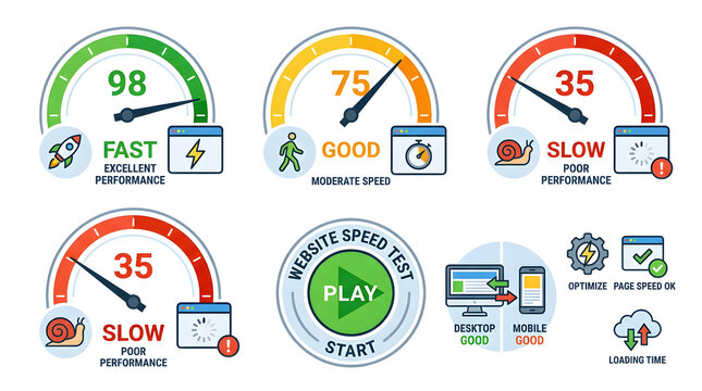 Website Speed Test Indicators: A digital illustration displaying several speedometers, highlighting different website performance metrics and loading speeds.