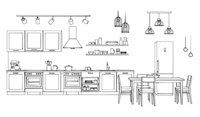 Modern kitchen furniture line art interior design vector illustration © Bijoy