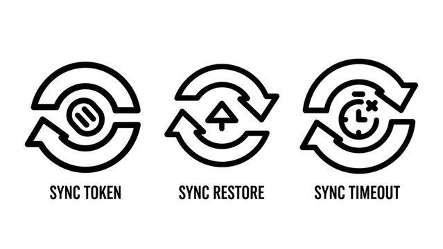 Set of data synchronization icons illustrating sync token restore process and timeout notification symbols with synchronization circular technology recovery connection computing software