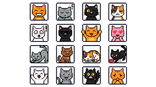 Pixelated Feline Emoticons: A collection of square-framed pixel art featuring a variety of adorable cartoon cat expressions, conveying a range of emotions in a fun and engaging style.