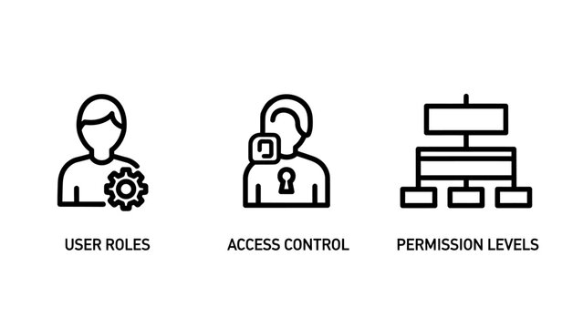 Set of user management and system administration line icons featuring user roles access control permission levels permission management security authorization hierarchy settings software