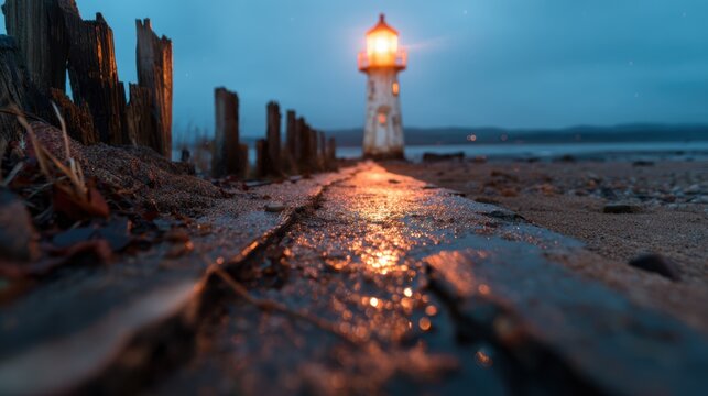 A serene lighthouse stands vigilant at dusk, its warm light reflecting off the wet pathway, symbolizing hope and guidance in the tranquil seaside setting of twilight.