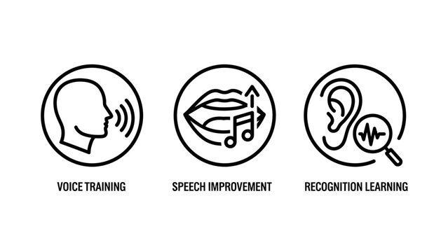 Voice and speech technology icons depicting voice training speech improvement recognition learning with training improvement recognition learning communication analysis language linguistic