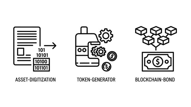 Digital assets and blockchain finance icon set with blockchain currency investment business document technology development transfer exchange contract transaction internet security
