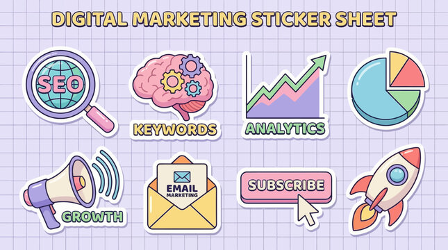Digital marketing icons with seo magnifying glass and email graphics