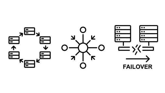 Server failover and infrastructure network maintenance icons with failover infrastructure maintenance technology connection reliability redundancy stability computing management operations