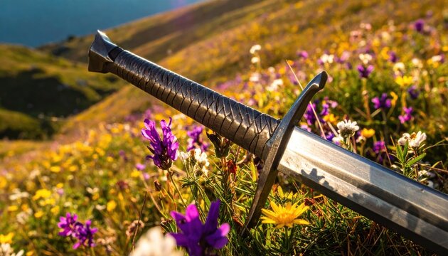 Epic medieval falchion sword with a curved steel blade and leather wrapped hilt, resting peacefully on a blooming mountain meadow of vibrant wildflowers during golden hour sunset light.