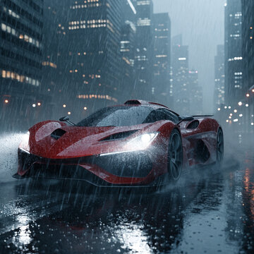 Red Concept Supercar Driving through Rain in Modern City Night - 3D Render