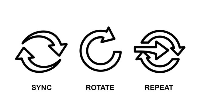 Sync rotate and repeat motion icons set representing iteration and synchronization with iteration synchronization interface application movement refreshing continuous automated directional