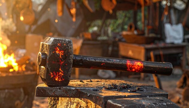 A forged iron war hammer with a heavy square head and pointed back sits on an anvil in a blacksmith forge, featuring cinematic lighting and glowing embers for a powerful fantasy wallpaper.