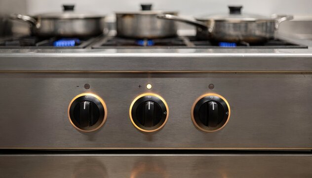 Electric buffet hot well installation viewed in medium shot sharp focus on illuminated control knobs with blurred serving containers behind enhancing focal point.
