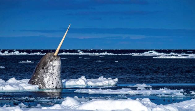 A majestic narwhal surfacing through icy arctic waters with its iconic long spiral tusk and mottled skin visible against a deep blue sky and floating ice floes in a cinematic widescreen view.