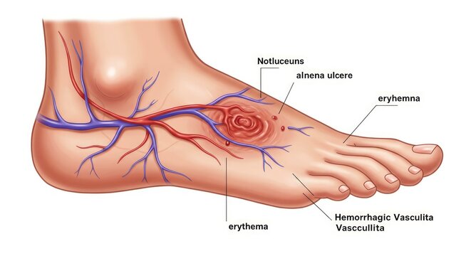 Medical illustration of a human foot showing symptoms of hemorrhagic vasculitis with inflamed blood vessels and skin lesions
