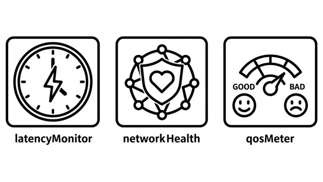 Network performance and quality monitoring service icons with performance monitoring connection internet analysis diagnostic measurement bandwidth management technical infrastructure