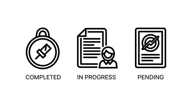 Project status workflow icons set with workflow completed progress management business document checkboard interface planning strategy organization administration tracking