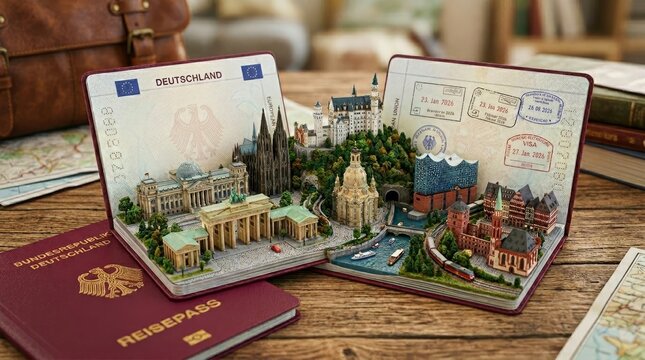 Miniature Germany passport open with Germany buildings, detailed figurines inside.