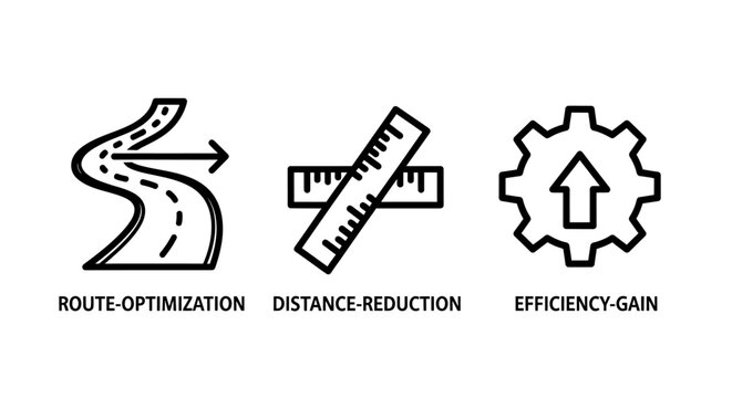 Logistics and process icons for route optimization distance reduction and efficiency gain with logistics optimization distance reduction efficiency management business strategy improvement