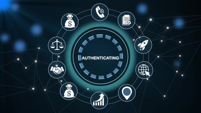 Digital security authentication process with biometric verification and cybersecurity symbols glowing in dark futuristic interface