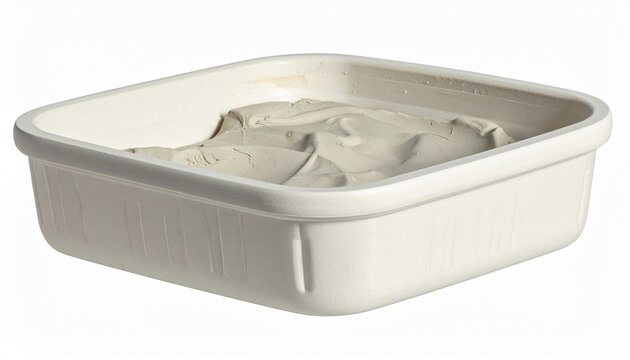 Pot of modeling clay or play-dough, isolated on white background, studio lighting, high resolution, sharp focus, professional commercial photography.